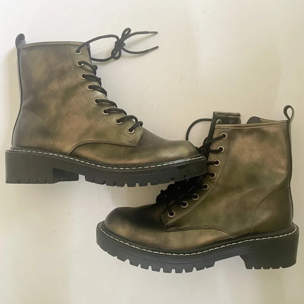 Forever 21 Faux Leather Lace Up 90s Y2K Moto Combat Boots Green Size 7.5 - Picture 3 of 8